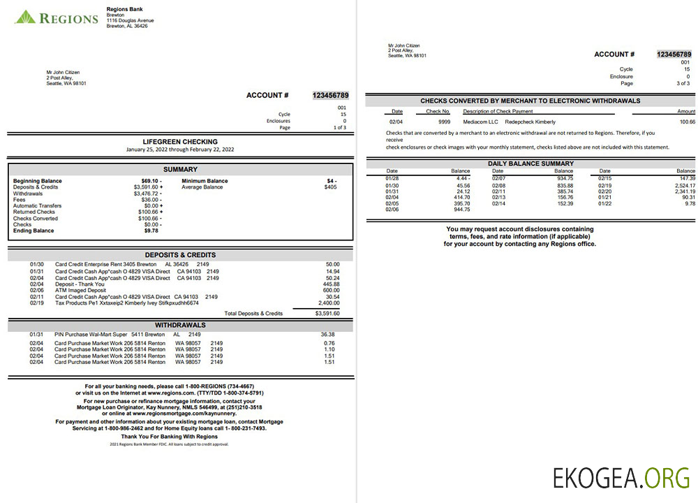 Relevé bancaire des régions 3 page